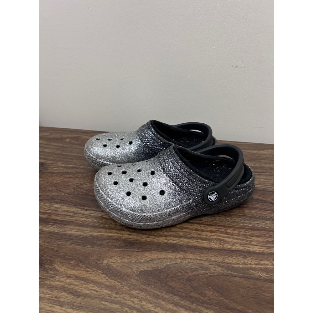 Crocs Silver Black Ombre Glitter Lined Clogs Womens Size 5 Sparkly Faux Fur